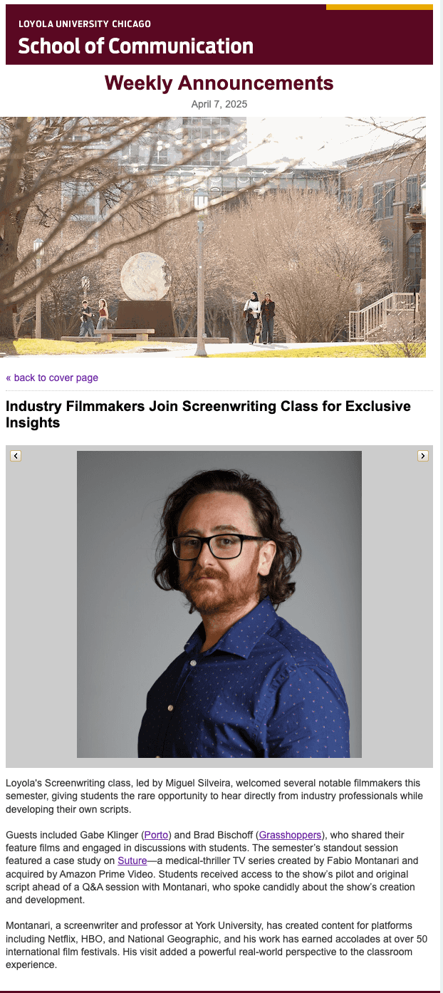 Masterclass on TV Writing and Creation at Loyola University Chicago.
